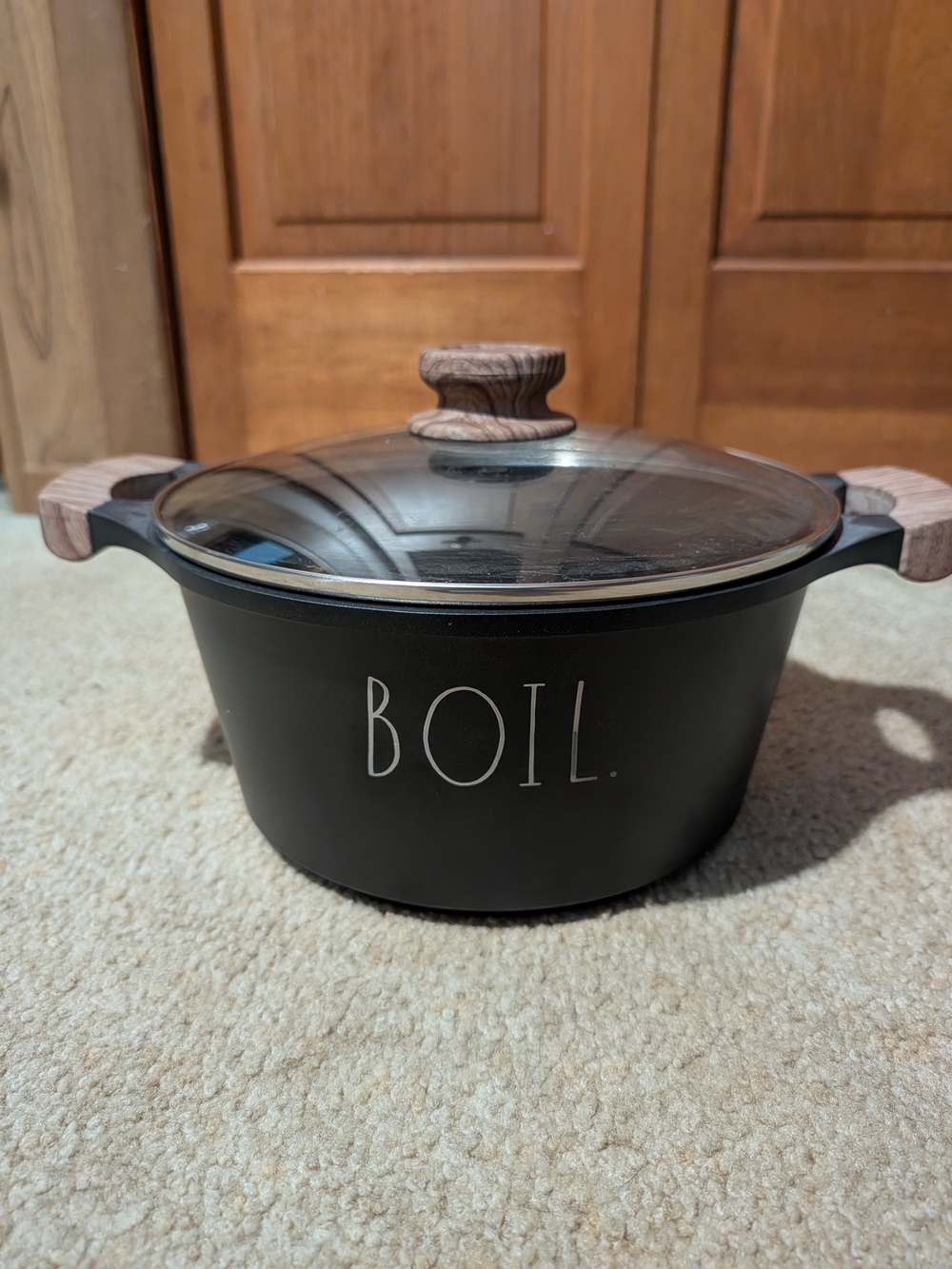 Rae Dunn Black 'BOIL' Covered Casserole with Wood-Tone Handles